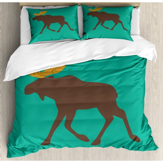Moose Duvet Cover Set, Moose with Antlers Illustration Deer Family Creature with Design, Decorative 3 Piece Bedding Set with 2 Pillow Shams, King Size, Sea Green Brown, by Ambesonne