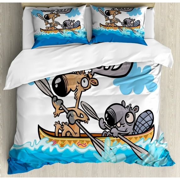 Moose Duvet Cover Set, American Animals Boat Beaver Friend Canoe River Fun Native Characters Cartoon, Decorative 3 Piece Bedding Set with 2 Pillow Shams, Queen Size, Blue White Brown, by Ambesonne