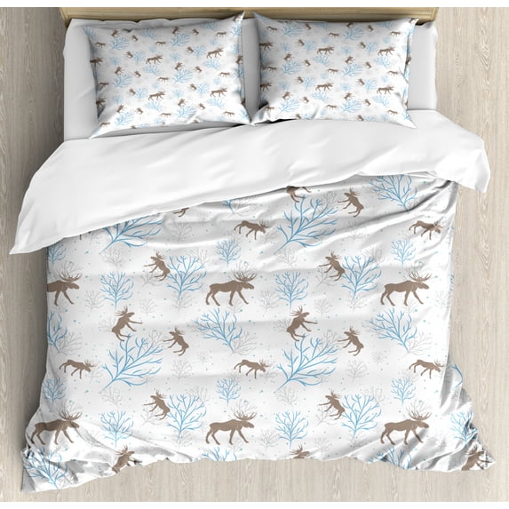 Moose Duvet Cover Set Queen Size, Winter Forest Retro Style Illustration with Reindeer and Trees Snowy Xmas Nature, Decorative 3 Piece Bedding Set with 2 Pillow Shams, Brown Blue, by Ambesonne
