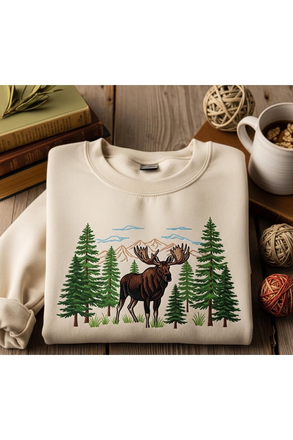 Moose Embroidered Sweatshirt – Wildlife Forest Pullover, Cozy Woodland Animal Crewneck, Scenic Mountain Nature Sweater