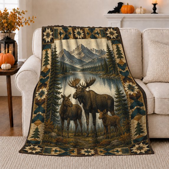 Moose Family By Lake Mountains Rustic Scene, Peaceful Mountain Lake Scene, Warm Flannel Blanket for Cabin and Lodge, Outdoor Lovers Friendship Gift, Festive Home Decor