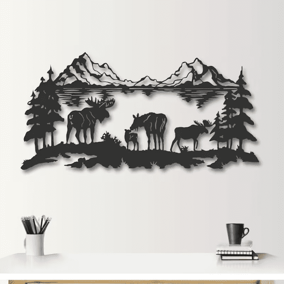 Moose Family Metal Wall Art, Mountain Lake Silhouette Iron Indoor Decor