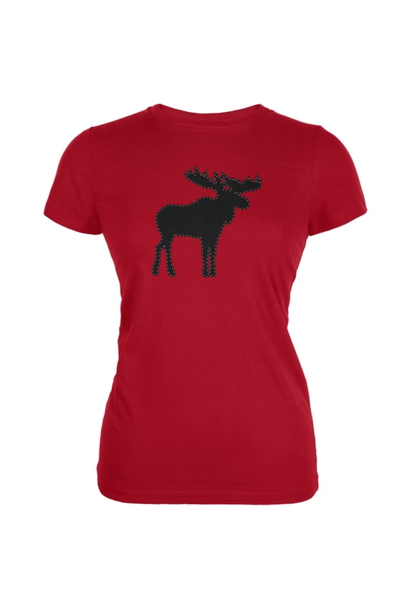 Moose Faux Stitched Red Juniors Soft T-Shirt - Medium