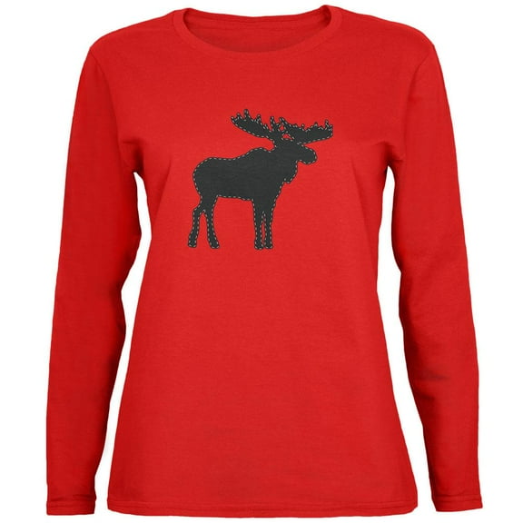 Moose Faux Stitched Womens Long Sleeve T Shirt Red X-LG