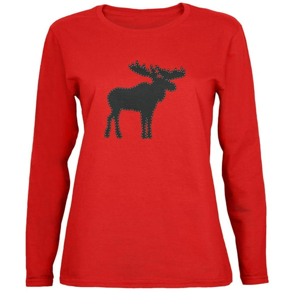Moose Faux Stitched Womens Long Sleeve T Shirt Red X-LG