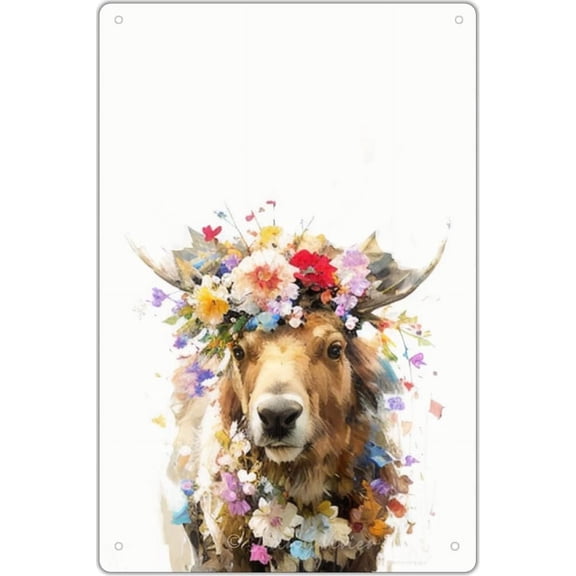 Moose with Floral Crown Metal Tin Sign, Moose Decor, Moose Bathroom Decor, Moose Christmas Ornaments for Bedroom Living Room Office Wall Decor Home Decoration 5.5x8 Inches