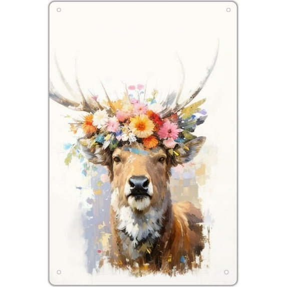 Moose with Floral Crown Novelty Tin Sign, Moose Tin Sign for Home and Office Decoration, Moose Wreath Print Art for Bedroom Living Room Nursery Decor, Moose Gifts 12x8 Inches
