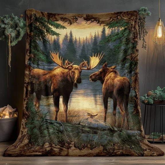 Moose Forest Blanket - Lightweight All-Season Plush Throw, Flannel-Like Texture with Moose Couple Digital Print, Easy Care Cozy Bedspread