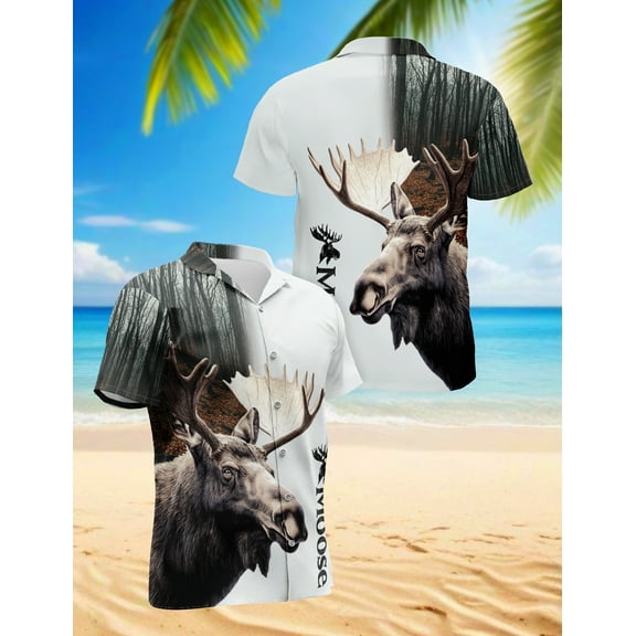 Moose Forest Hawaiian Shirt for Men, Button Down Summer Beach Short Sleeve, Sizes S-5XL