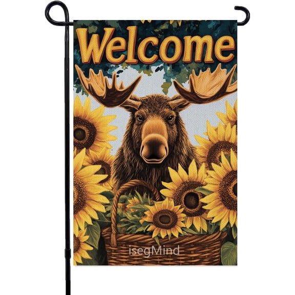 Moose Garden Flag Double Sided 12x18 Inch Outdoor Garden Flag Welcome to Our Home - Sunflower Basket Design Vibrant Yellow and Brown for Yard (3982)