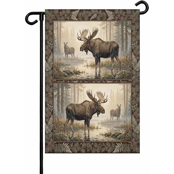 Moose Garden Flag Double Sided Weatherproof Polyester 12 x 18 In Country Animal Tree Leaf Flower Landscape Outdoor Decor