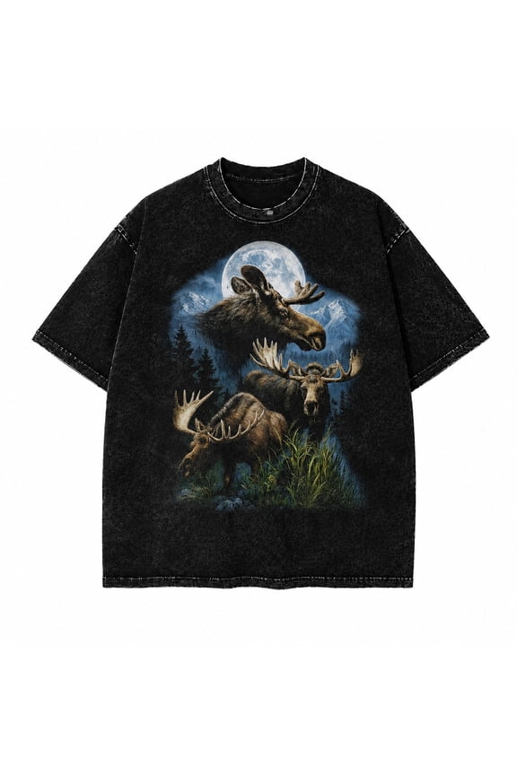 Moose Graphic Washed T-Shirt, Unisex Mineral Wash Cotton Tee, Classic Fit