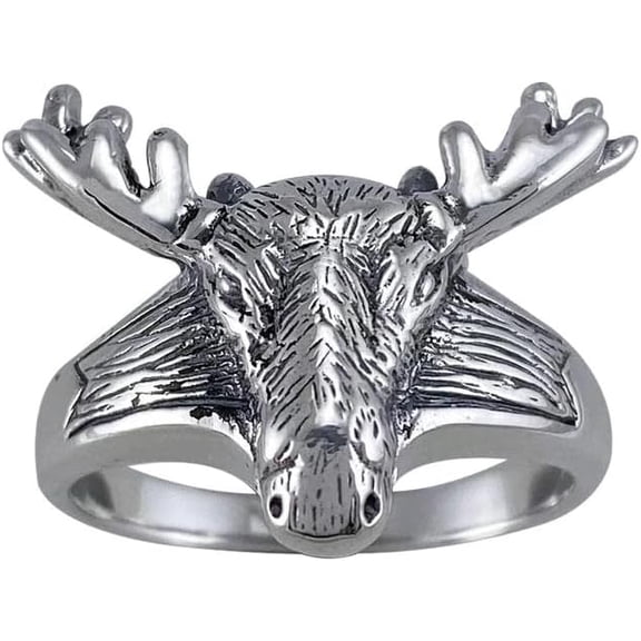 Moose Head 925 Sterling Silver Ring Animal Totem Wildlife Nature Jewelry (Ring Size:12;)