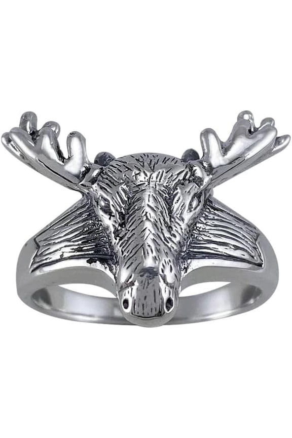 Moose Head 925 Sterling Silver Ring Animal Totem Wildlife Nature Jewelry (Ring Size:9;)