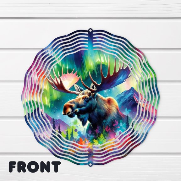 Moose Head Wind Spinner Northern Lights Design - Kinetic Hanging Outdoor Garden Decor, Indoor Patio Art Gift