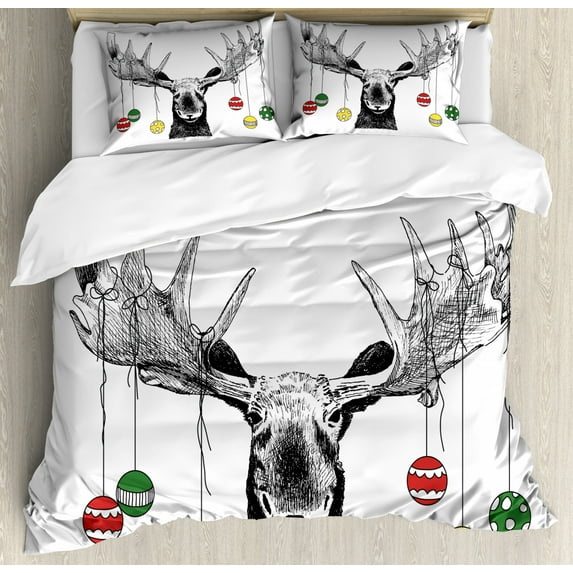 Moose King Size Duvet Cover Set, Christmas Moose with Xmas Ornaments Balls Hanging from Horns Funny Noel Sketch Art, Decorative 3 Piece Bedding Set with 2 Pillow Shams, Multicolor, by Ambesonne