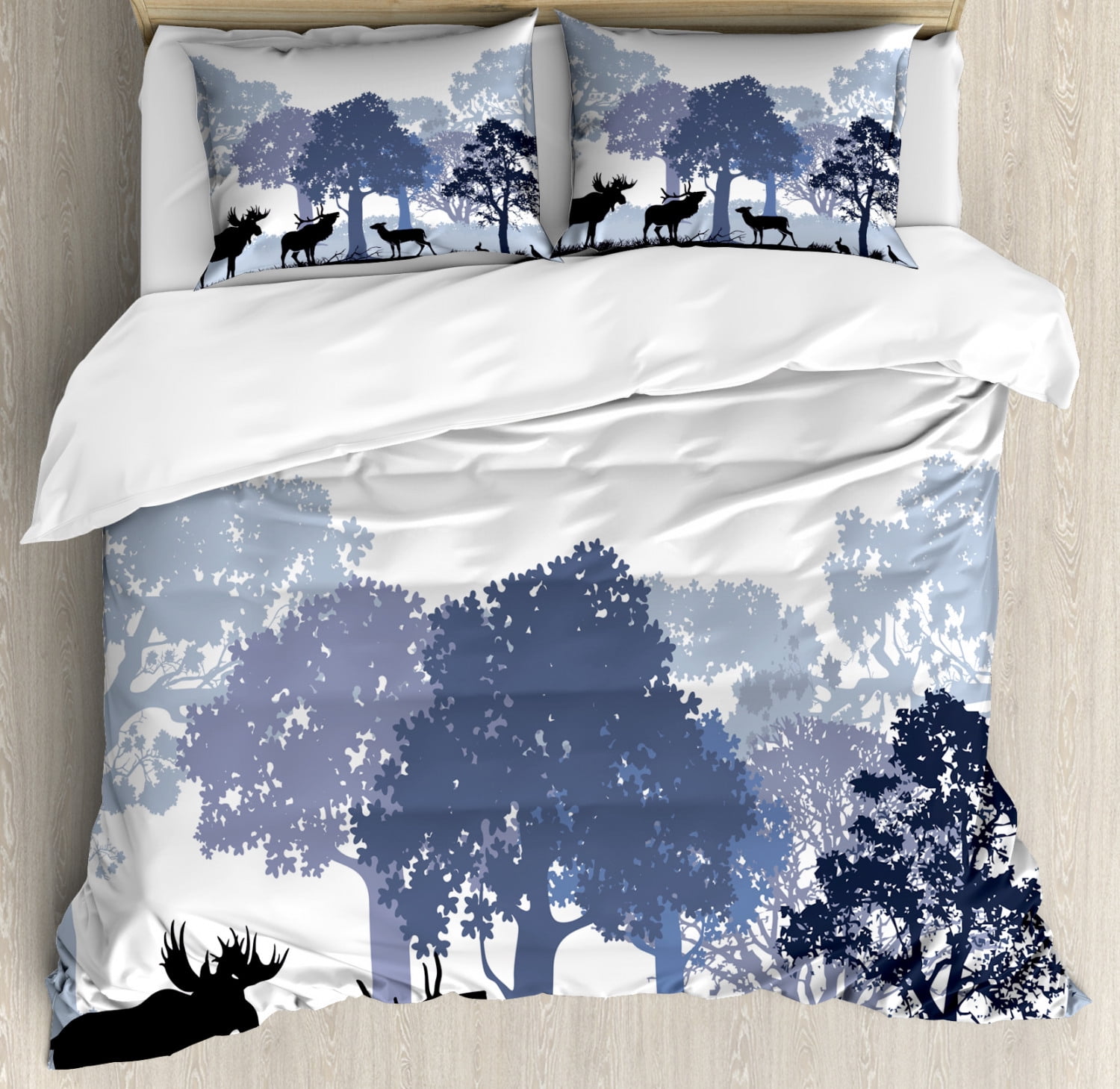 King Size Blue and White Forest Animal Duvet Cover Set