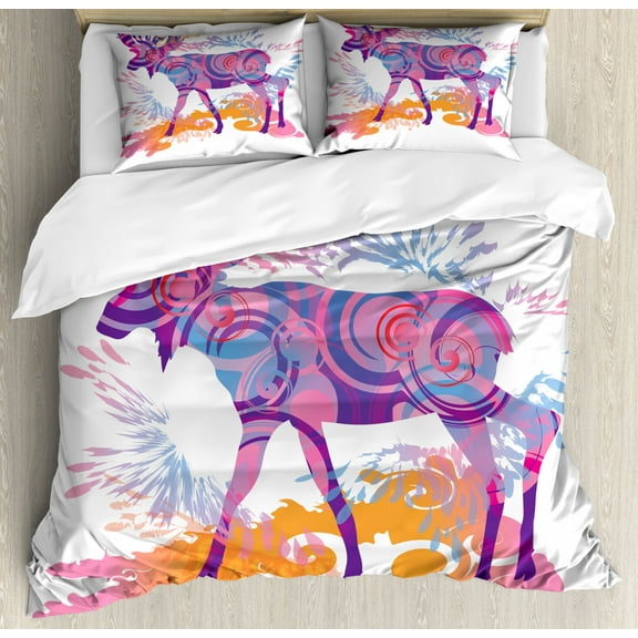 Moose King Size Duvet Cover Set, Unusual Deer Figure with Trippy Featured Color Effects Digital Vivid Display, Decorative 3 Piece Bedding Set with 2 Pillow Shams, Mauve and Orange, by Ambesonne