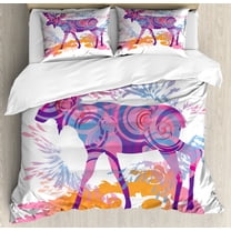 Moose King Size Duvet Cover Set, Unusual Deer Figure with Trippy Featured Color Effects Digital Vivid Display, Decorative 3 Piece Bedding Set with 2 Pillow Shams, Mauve and Orange, by Ambesonne