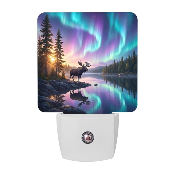 Moose by Lake Night Lights, Rustic Lodge Teal Purple Polar Light Forest Night Smart Auto Dusk to Dawn Sensor Nightlights Plug-in Nightlight for Bedroom Bathroom Living Room Kitchen Hallway