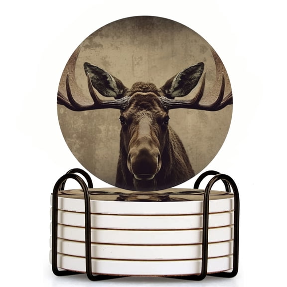 Moose With Large Antlers On Head Stands In Front Of Old Wall Set of 6 Ceramic Coasters with Holder, Absorbent Drink Bar Coasters, Table Coasters for Living Room Decor Tabletop Protection