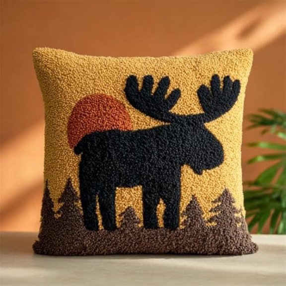 Moose Latch Hook Pillow Kits For Beginners & Adults,DIY Embroidery Pillow Cover Craft Set,17x17 Inch,Relaxing Needlework Rug Hooking Hobby With Pre-Cut Yarn,Handmade Decor For Home & Sofa