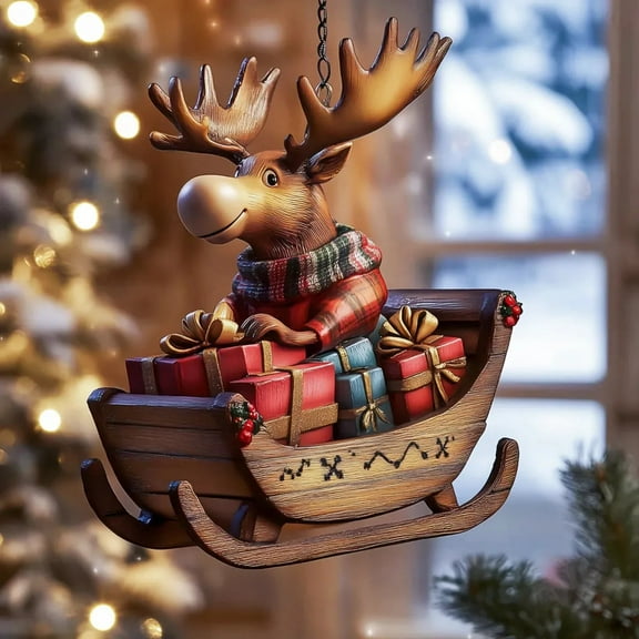 Moose on Loaded Sled Christmas Ornament, Festive Holiday Tree Decoration with Woodland Animal Design, Rustic Winter Scene Pendant for Xmas Decor, Gift for Nature and Christmas Lovers