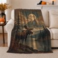 thumbnail image 1 of Moose by Moonlit Mountain Lake, Rustic Wilderness Style for Nature Lovers, Misty Forest Motif and Birthday Gift, Cozy Flannel Blanket for Cabin and Living Room, Home Decor, 1 of 9