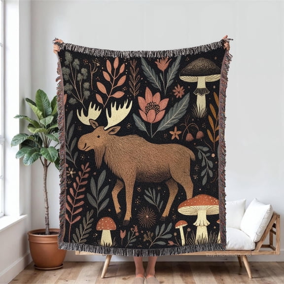 Moose Motif Woven Throw Blanket, Cotton with Fringed Edges for Couch Decor