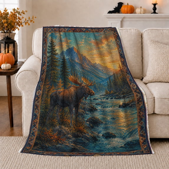 Moose by Mountain River and Pine Forest, Serene Rustic Style for Wildlife Lovers, Rocky River Motif and Father's Day Gift, Warm Flannel Blanket for Cabin and Living Room, Home Decor