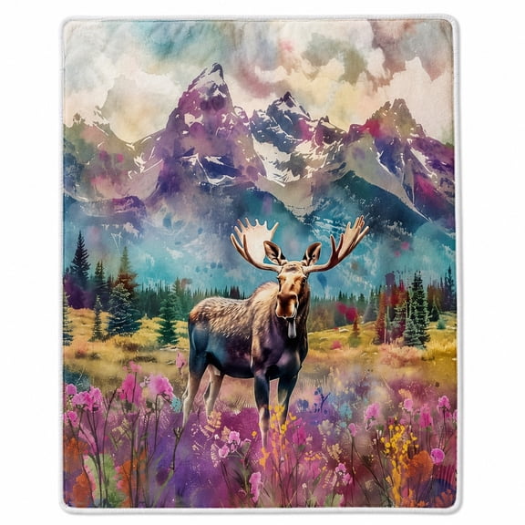 Moose Mountain Sherpa Blanket, Multicolor Scenic Fleece Throw