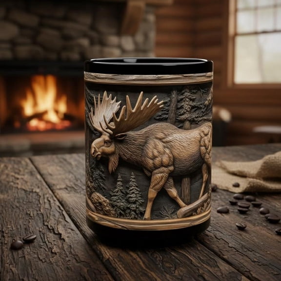 Moose Mug, Wood Carved Style Art Woodland Animal Cup, Outdoorsman Cabin Decor, Wildlife Forest Nature Ceramic Coffee Cup Large 15oz Black