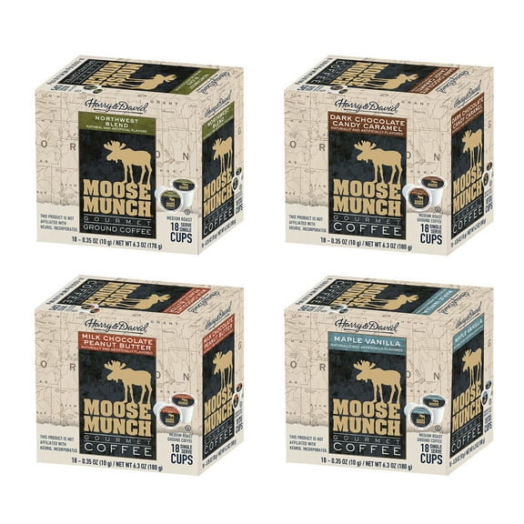 Moose Munch Northwest, Dark Chocolate Caramel, Chocolate Peanut Butter, Maple Vanilla 4/18 ct