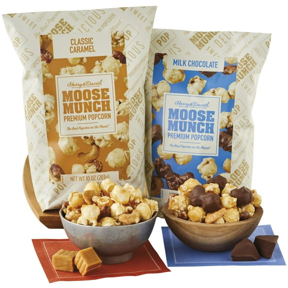 Moose Munch Premium Popcorn, Milk Chocolate And Caramel Popcorn 2 Bags Duo, Sweet And Salty Treats Snack Gift Basket, Great Snack For Any Occasion, Movie Night, Picnic, Gift, Gatherings