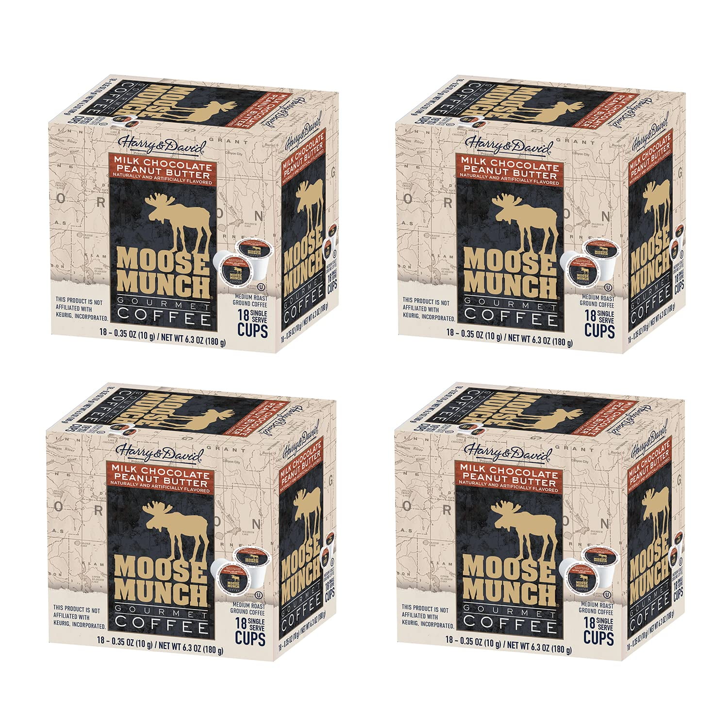 Moose Munch Single Serve Coffee by Harry & David, Milk Chocolate Peanut Butter, Medium Roast, 72 Count (4 Boxes of 18 Pods) – Compatible with Keurig Brewers