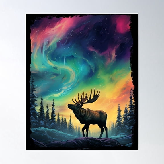 Moose Northern Light Aurora Borealis Scenery Mountains Rivers Trees Poster Wall Art Modern Wall Decor For Living Room Bedroom