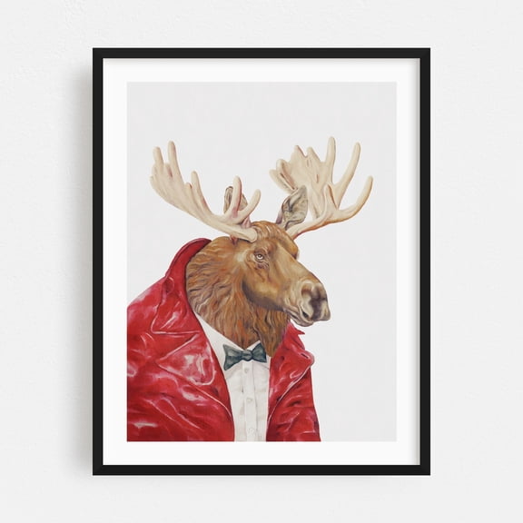 Moose - Painting Surrealism Animal Humor Modern Art Wildlife Illustration Fashion Black Framed Wall Art Print 6 x 8 inches