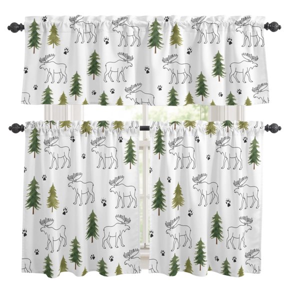 Moose in Pines Kitchen Curtains and Valances Set, Rustic Minimalist Wildlife Forest Green Pine Trees Rod Pocket Window Valance Window Curtain Panels for Living Room Bedroom, 27.5x24in, 3 Pieces