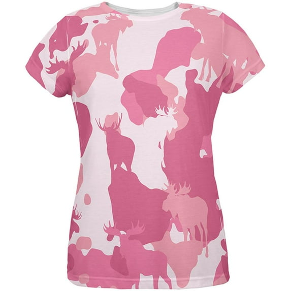 Moose Pink Camo All Over Womens T-Shirt - X-Large