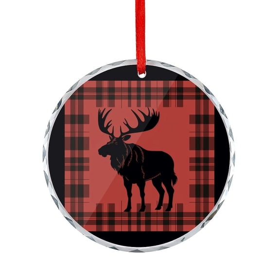 Moose Plaid Pattern Crystal Glass Ornament Buffalo Plaid Red Check Woodland Wild Themed Christmas Tree Glass Ornament Unique Gift Idea