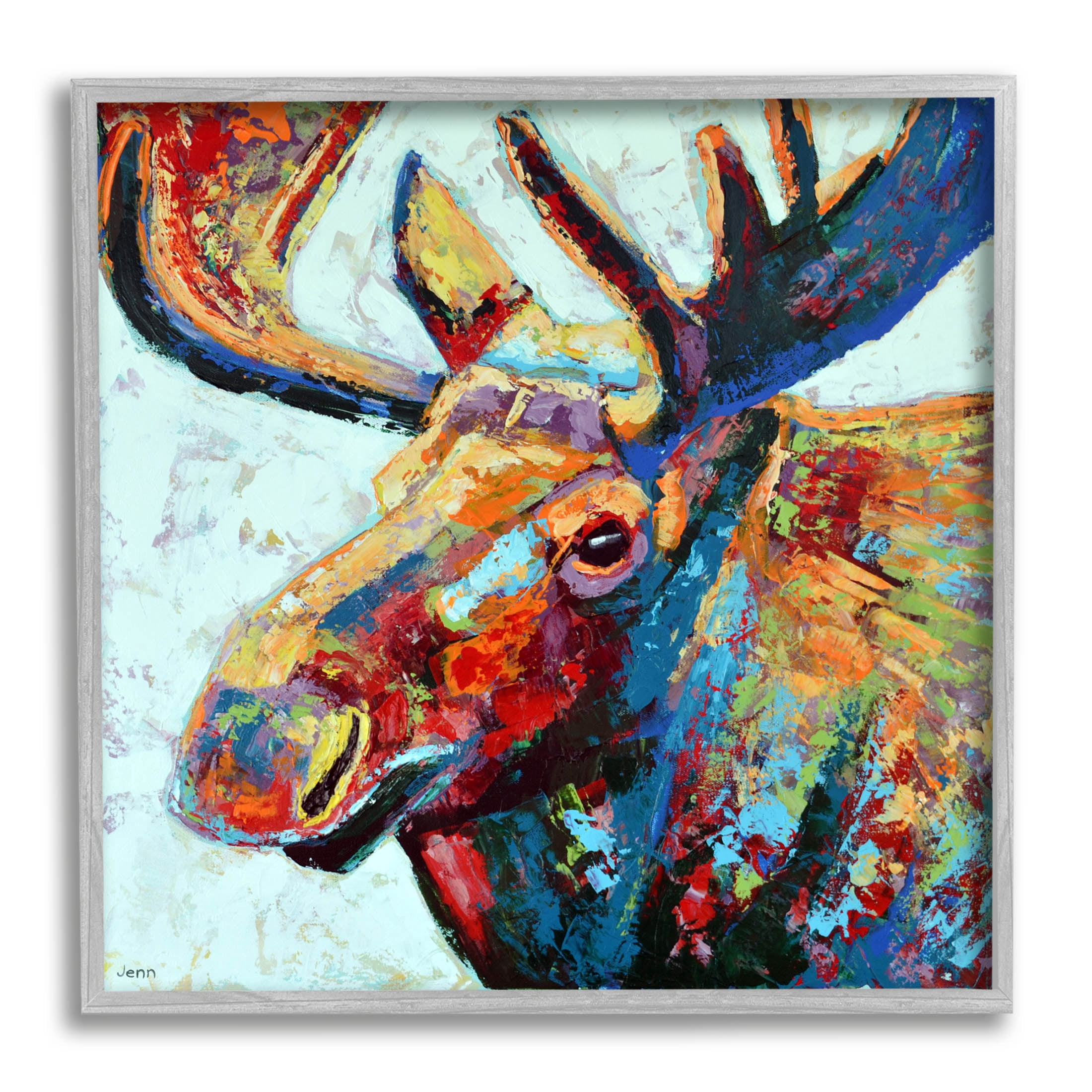 Moose Portrait Modern Composition Animals & Insects Painting Gray Framed Art Print Wall Art