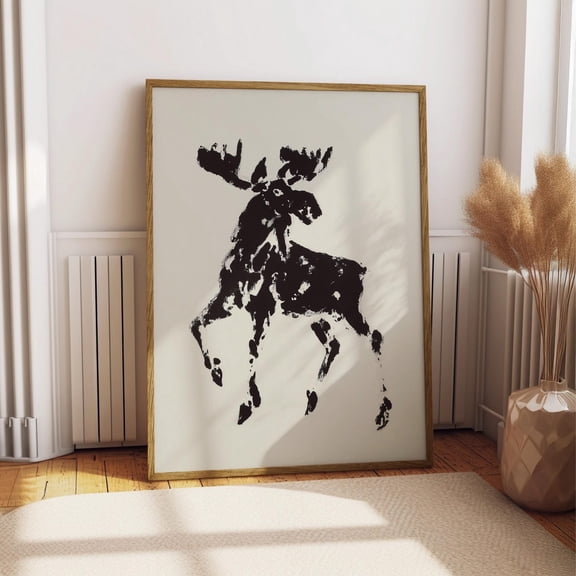 Moose Print Wall Art, Abstract Ink Brush Moose Poster, Minimalist Black Cream Wildlife Decor, Rustic Canadian Animal Art, Cabin Nature, Print, Unfreamed 8x12