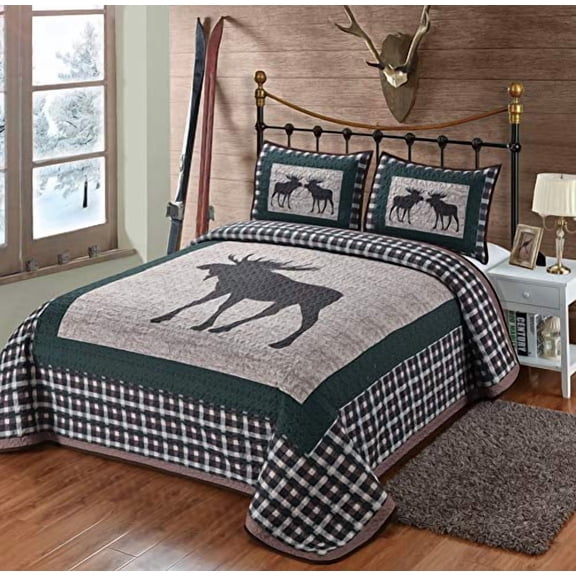 Moose Quilt King Size Bedding Set Lodge Cabin Mountain Style Bedspread Coverlet