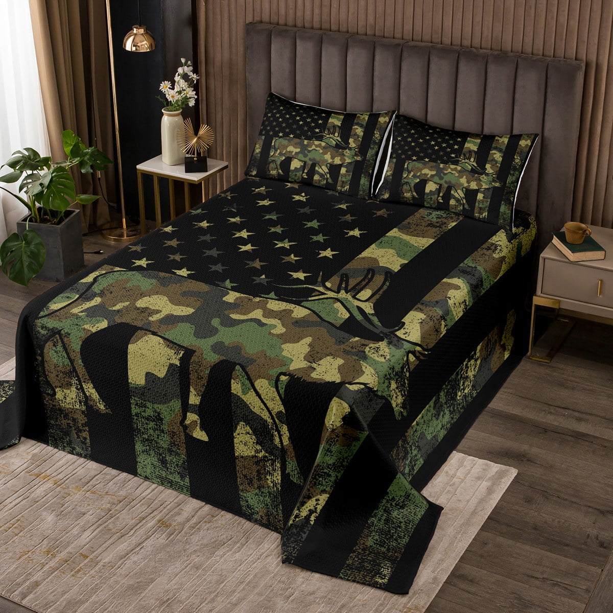Moose Quilt Set Twin Elk Deer American Flag Bedspread Set,Army Green