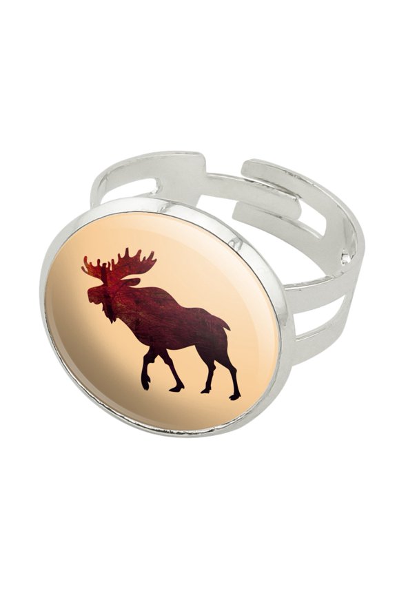Moose Red Forest Silver Plated Adjustable Novelty Ring