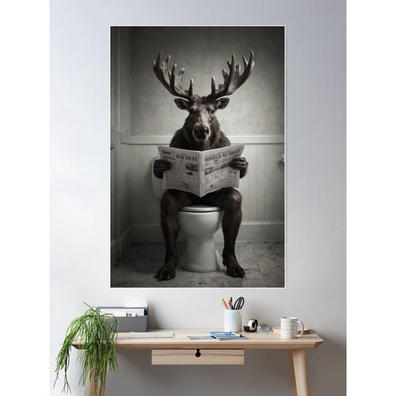 Moose’S Bathroom Break €“ Fun Animal Art Poster Wall Art, Modern Wall Decor For Living Room Bedroom, 8x12 UNFRAMED