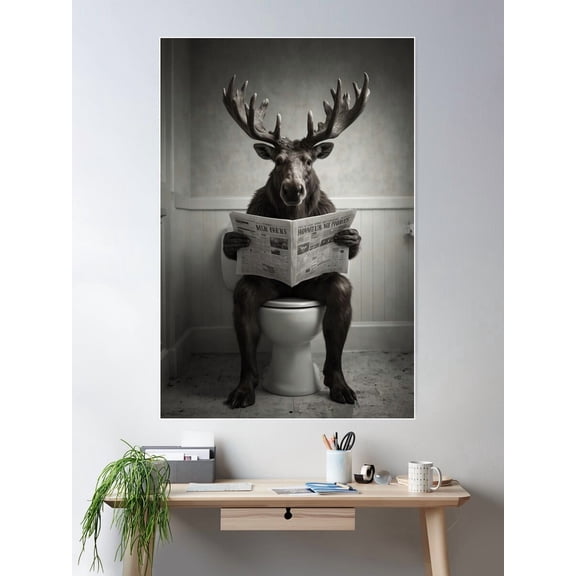 Moose'S Bathroom Break Fun Animal Art Poster Wall Art Modern Wall Decor For Living Room Bedroom Art