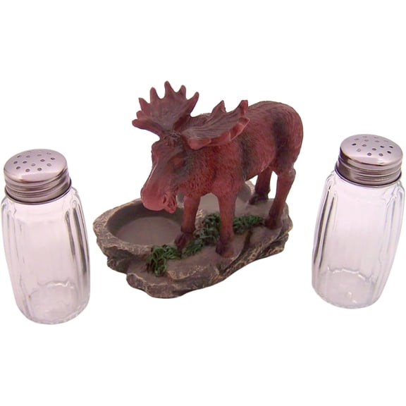 Moose Salt and Pepper Shaker Set with Rock Base Holder, Rustic Cabin Kitchen Decor, Wildlife Lodge Tabletop Accent, 4.25 Inch