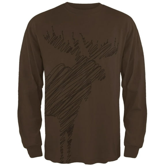 Moose Scribble Drawing All Over Brown Adult Long Sleeve T-Shirt - Small