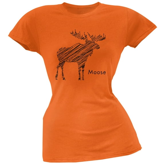 Moose Scribble Drawing Orange Juniors Soft T-Shirt - Medium